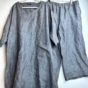 Vivid 100% Linen 2PCS Set Gray Tunic Wide Leg Womens 2X Coastal Lagenlook Boho